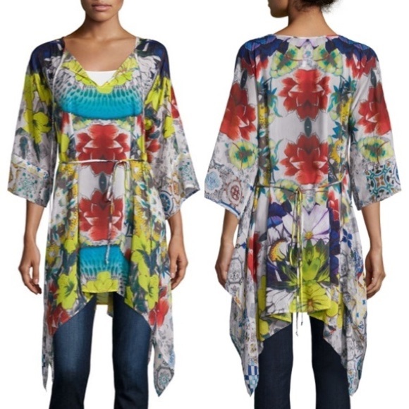 Johnny Was Floral Multicolor Flash Tie 3/4-Sleeve Printed Tunic Top Small NWT - Picture 2 of 8